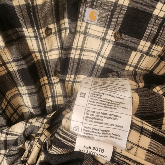 EUC Carhartt Black / Cream Plaid Flannel Button Up Shirt Mens 2XL Tall - Picture 7 of 10